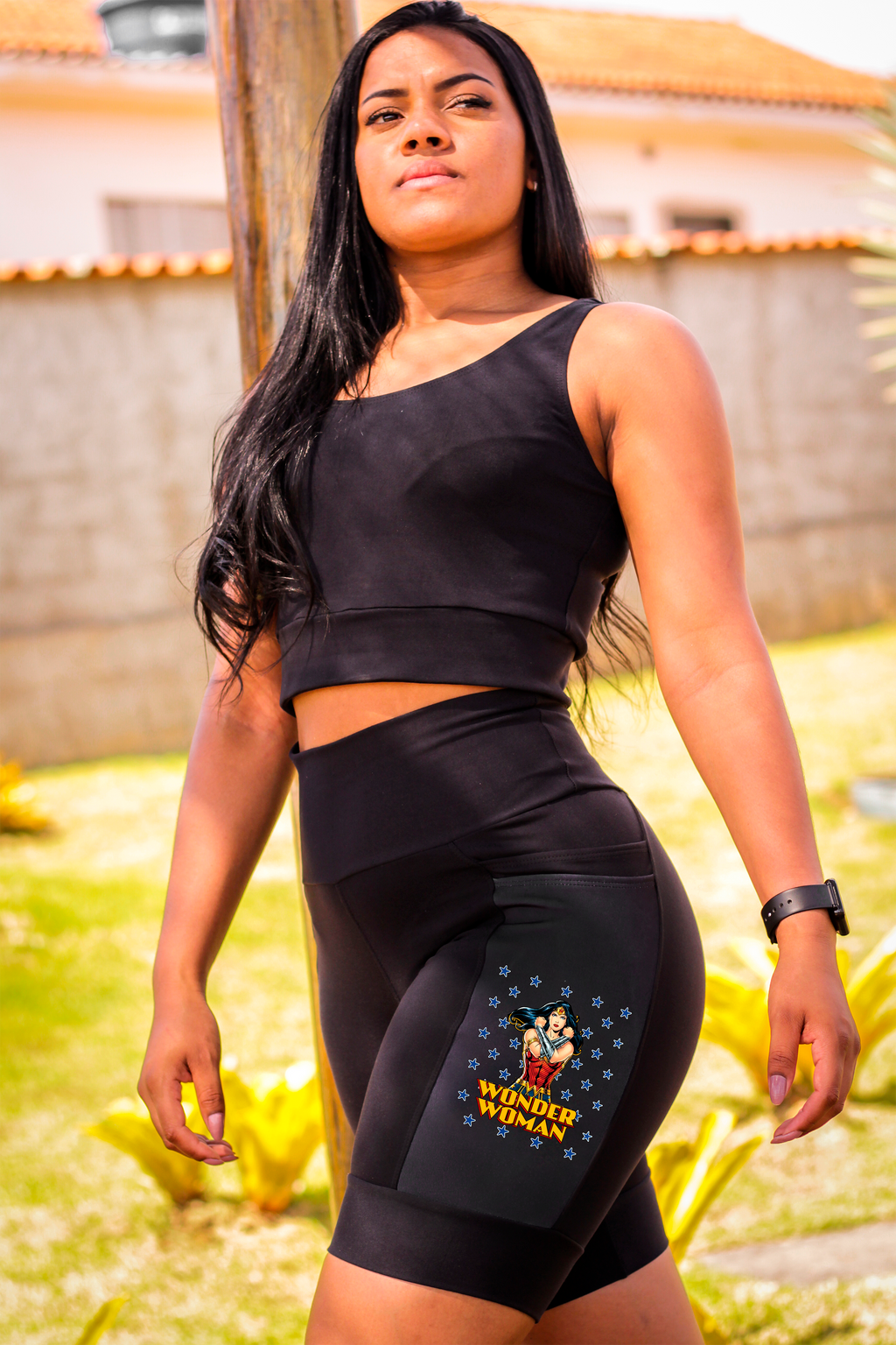 Bermuda Mulher Maravilha Corrida Preta.