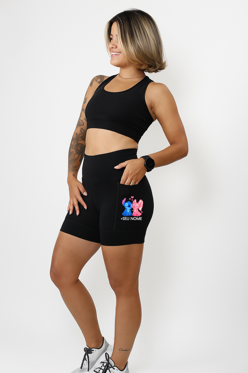 Short Preto Stitch+ Angel + Seu Nome
