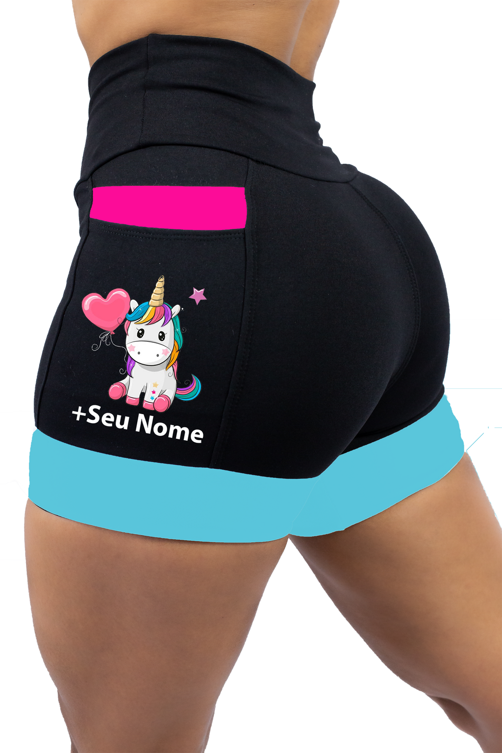 Short Preto/Rosa/Turquesa  Unicornio+ Nome