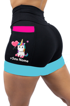 Short Preto/Rosa/Turquesa  Unicornio+ Nome