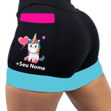 Short Preto/Rosa/Turquesa  Unicornio+ Nome