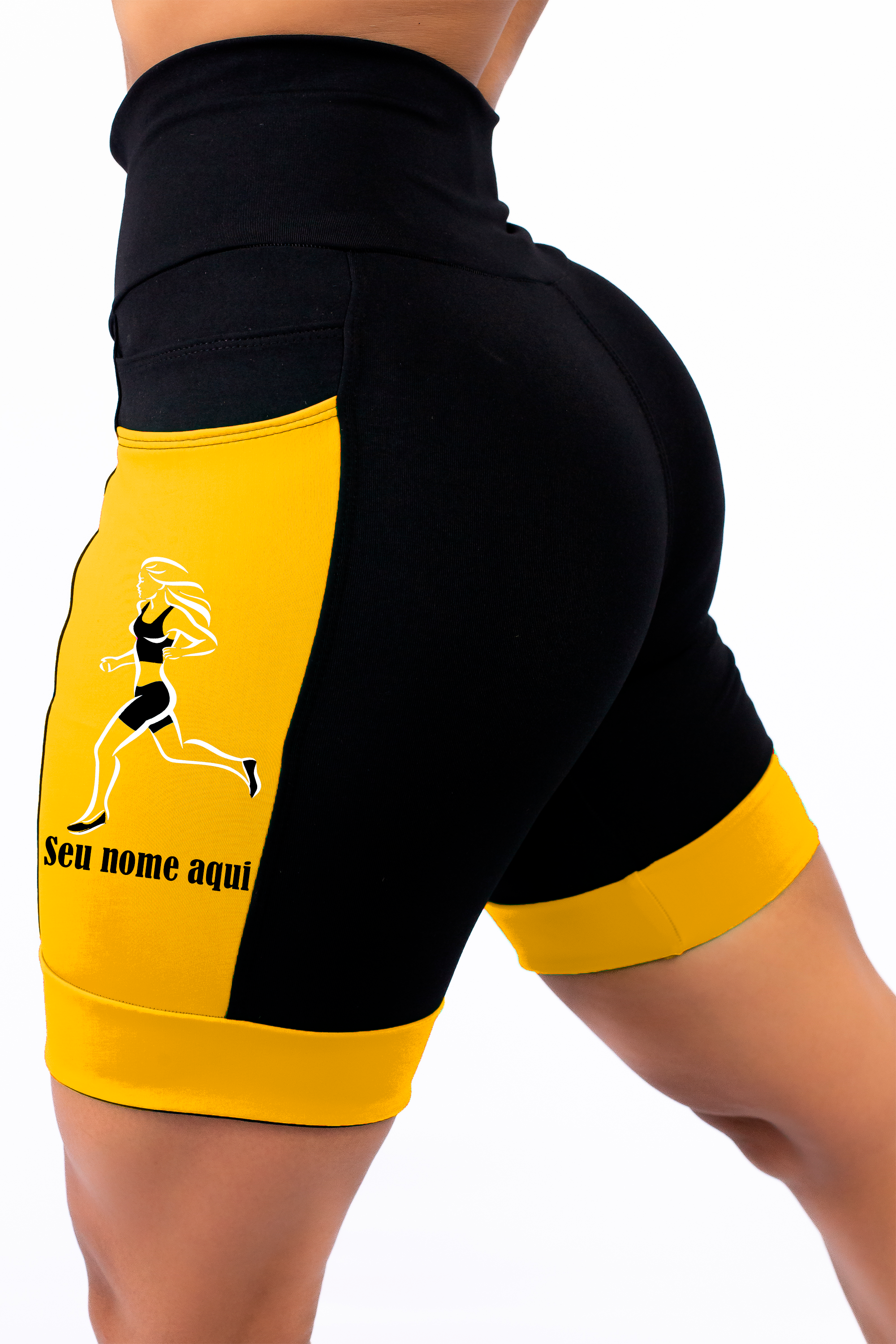 Bermuda Feminina Corredora+Nome Preto/Amarelo