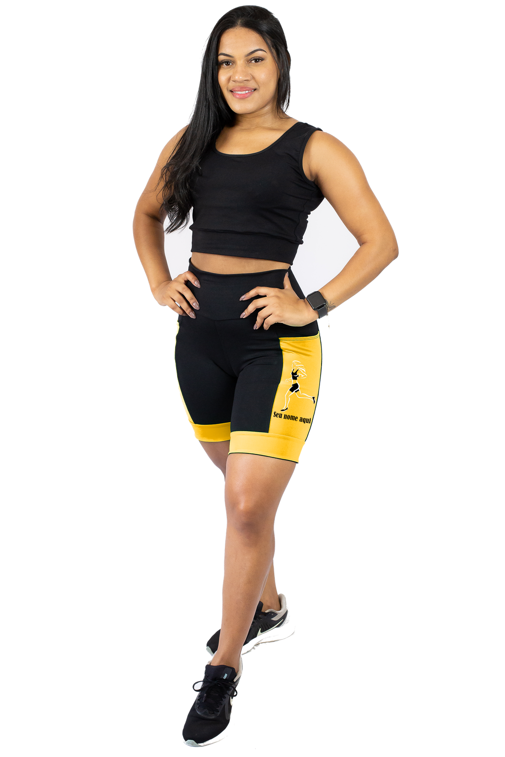 Bermuda Feminina Corredora+Nome Preto/Amarelo