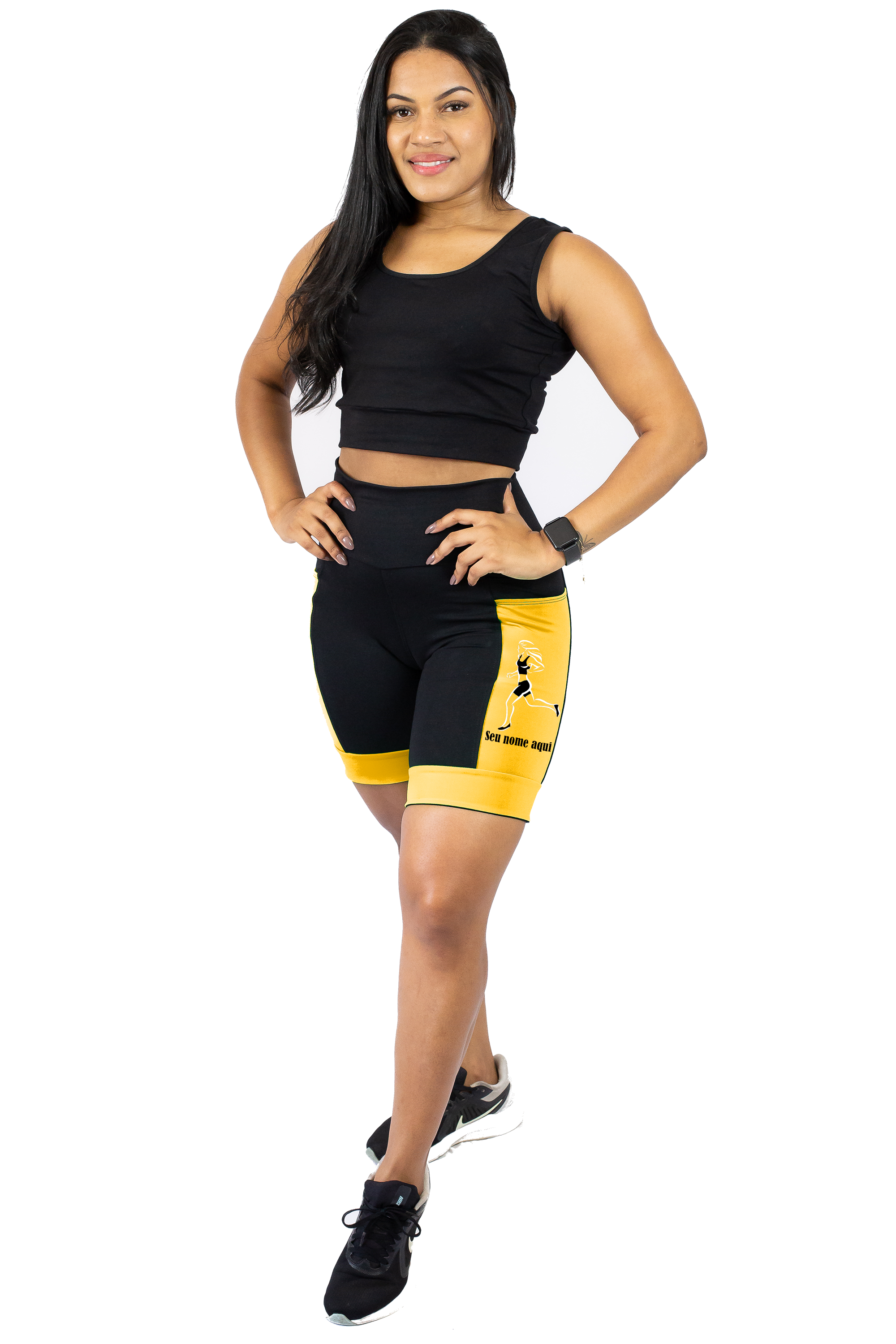 Bermuda Feminina Corredora+Nome Preto/Amarelo