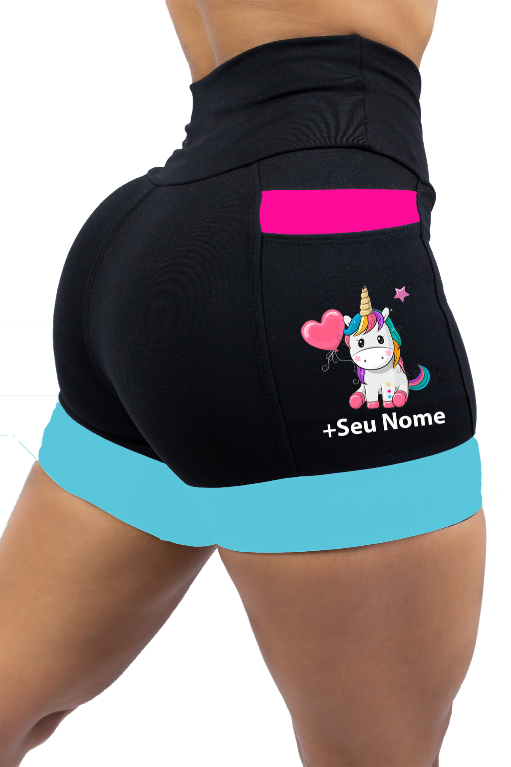 Short Preto/Rosa/Turquesa  Unicornio+ Nome