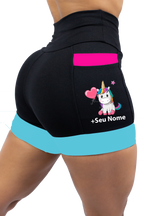 Short Preto/Rosa/Turquesa  Unicornio+ Nome