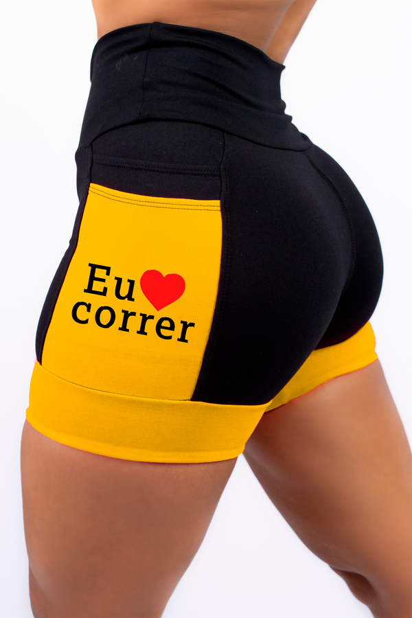 Shorts Preto/Amarelo Eu amo Correr