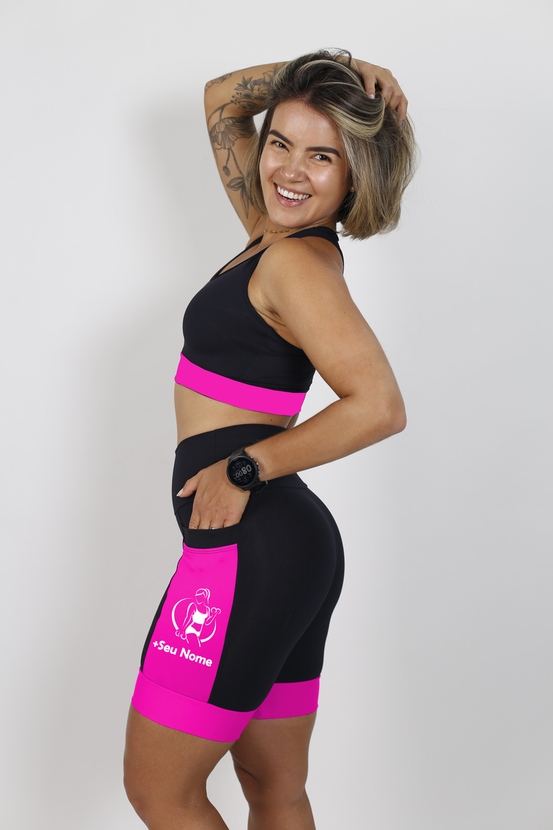 Bermuda Fem Preto e Rosa Fitness