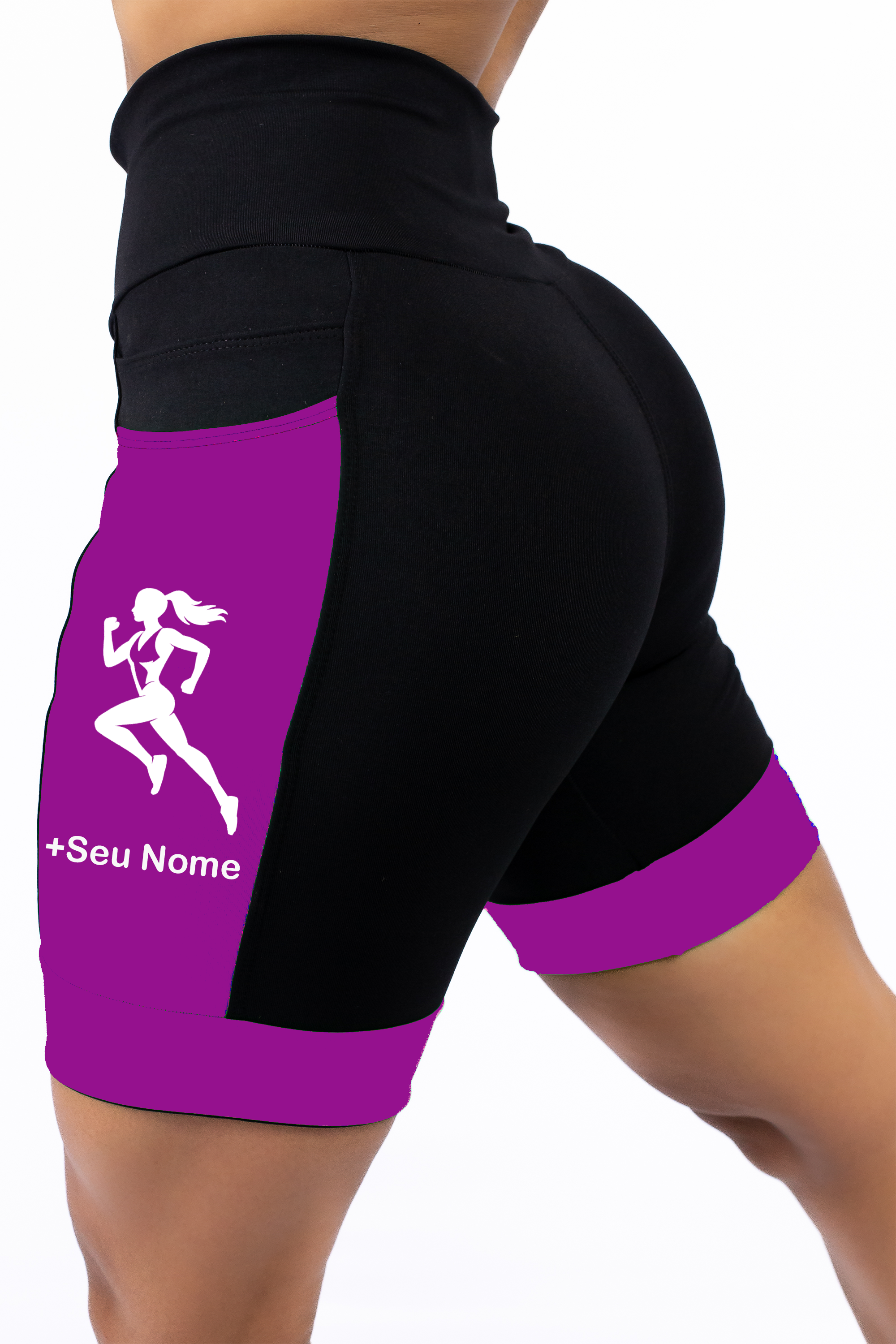 Bermuda Feminina Preta/Roxo Corredora + Nome