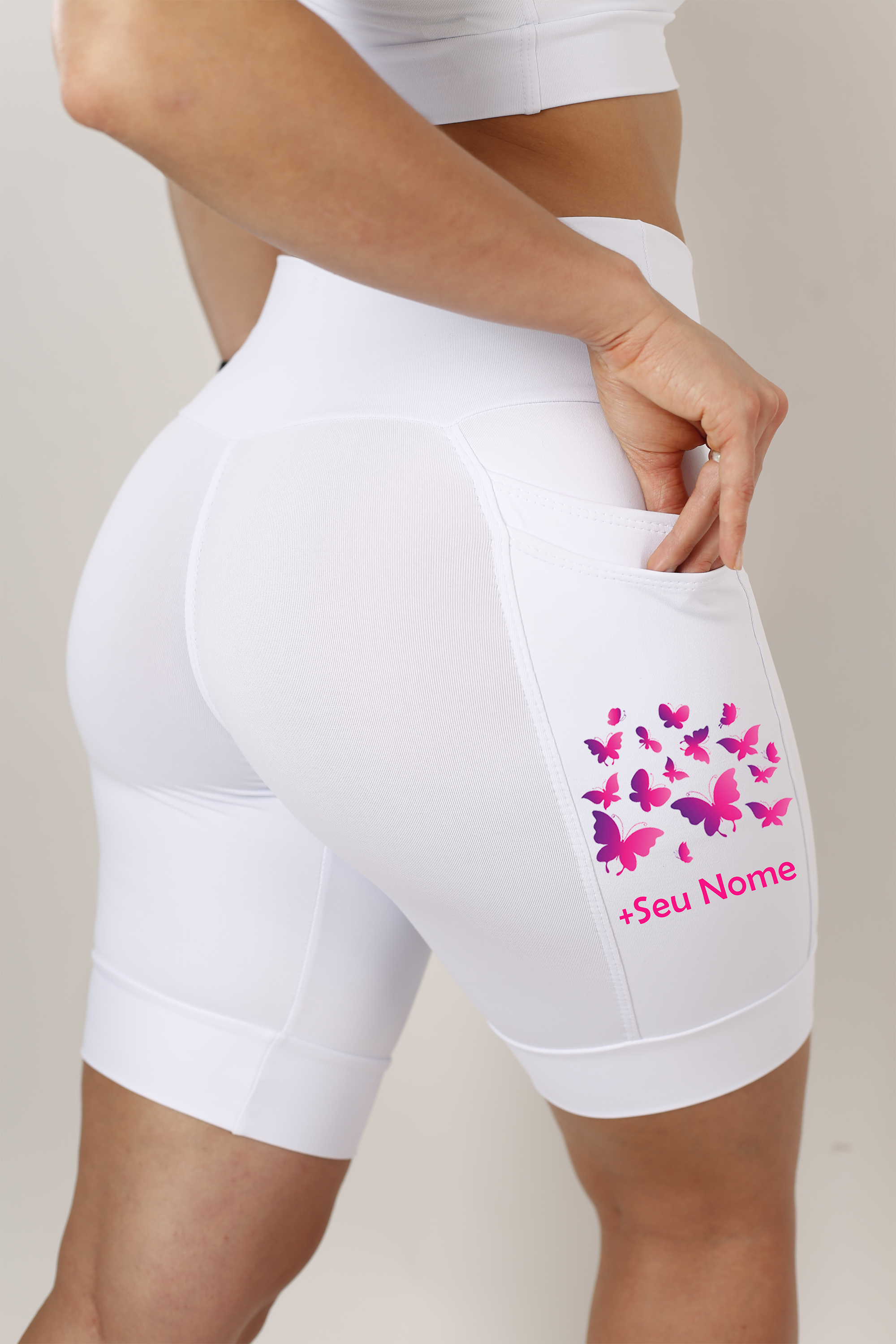 Bermuda Branca Borboletas + Seu Nome