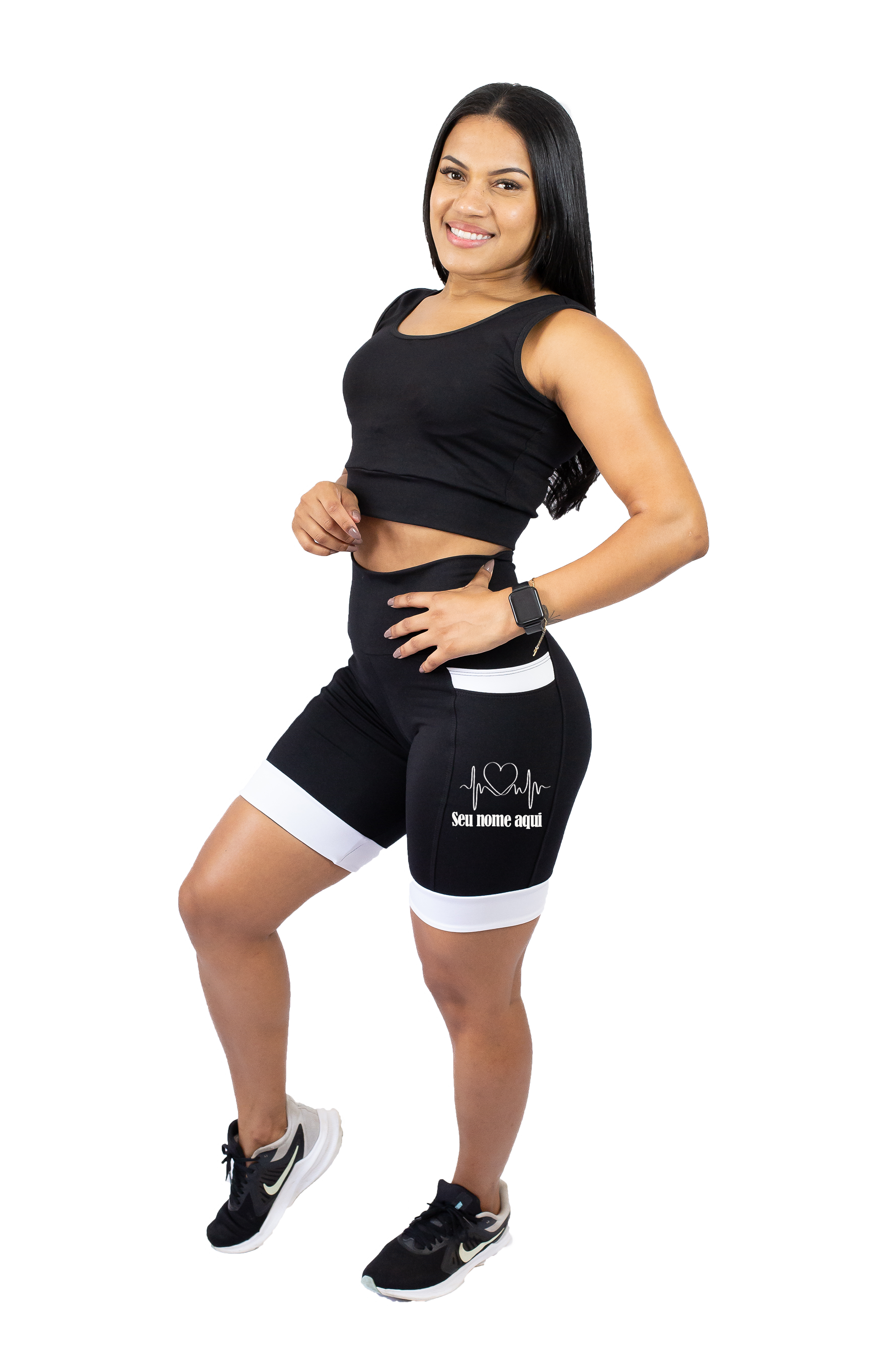 Bermuda Personalizada Coração Batimentos+Nome Preto/Branco