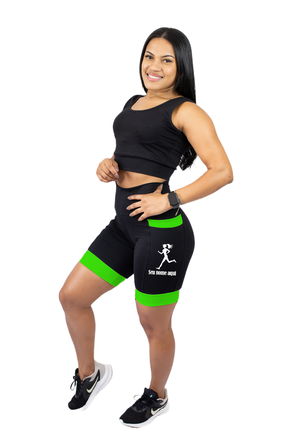 Bermuda Personalizada Corredora+Nome Preto/Verde Fl