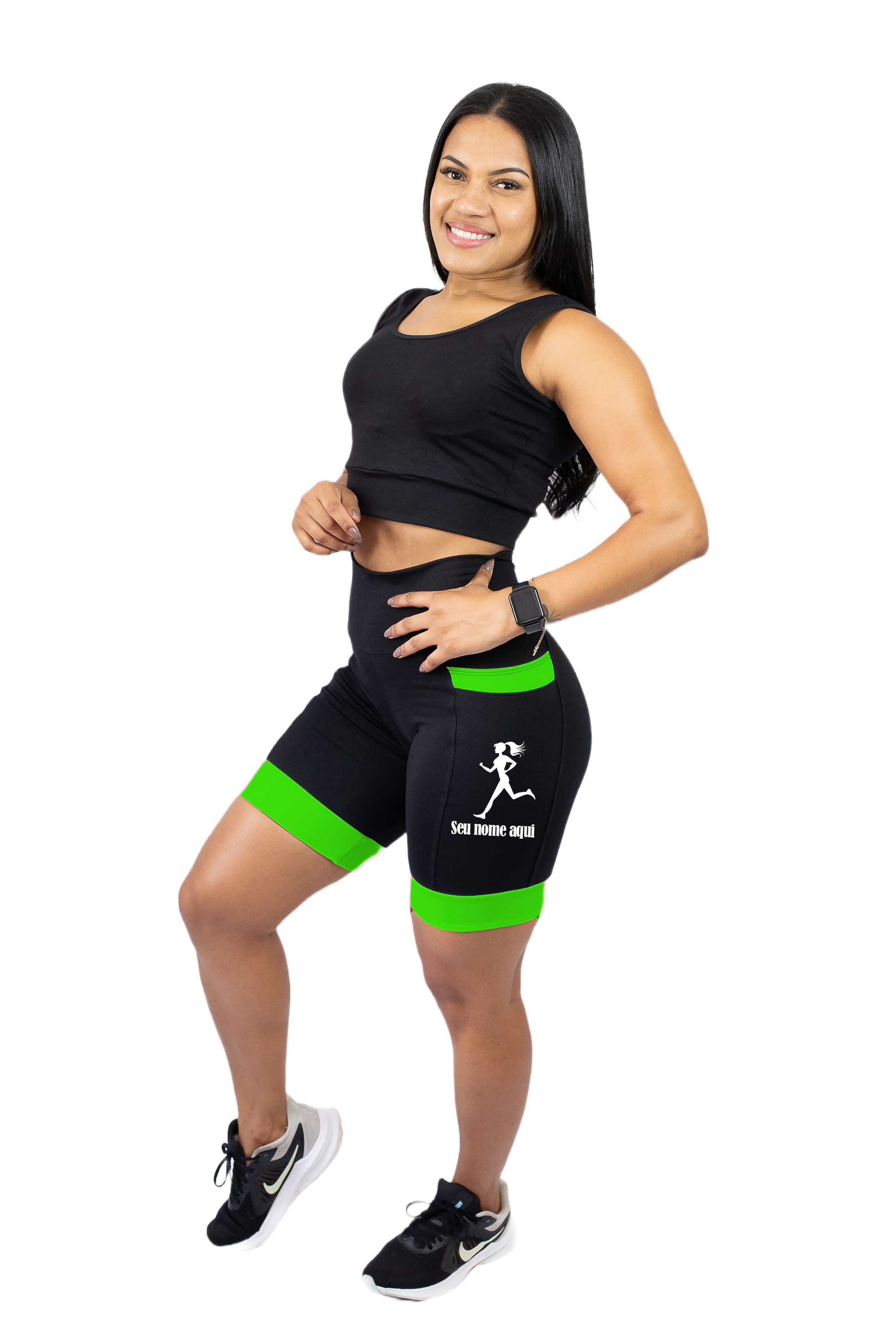 Bermuda Personalizada Corredora+Nome Preto/Verde Fl