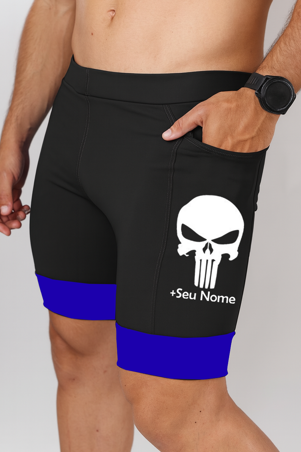Bermuda Masculina Preto/Azul Caveira + Seu nome
