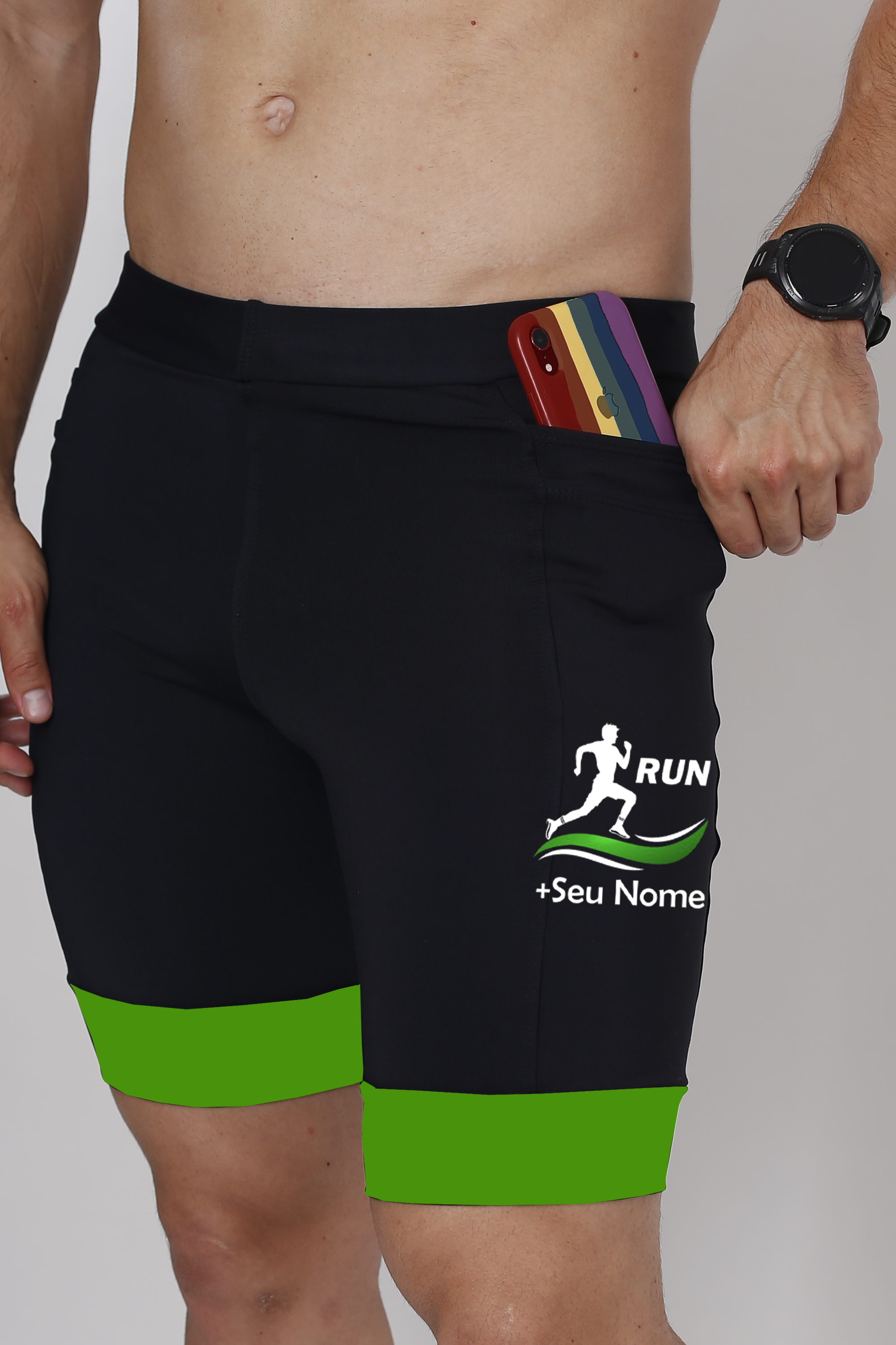 Bermuda Masculina Preto/Verde Corredor + Seu nome