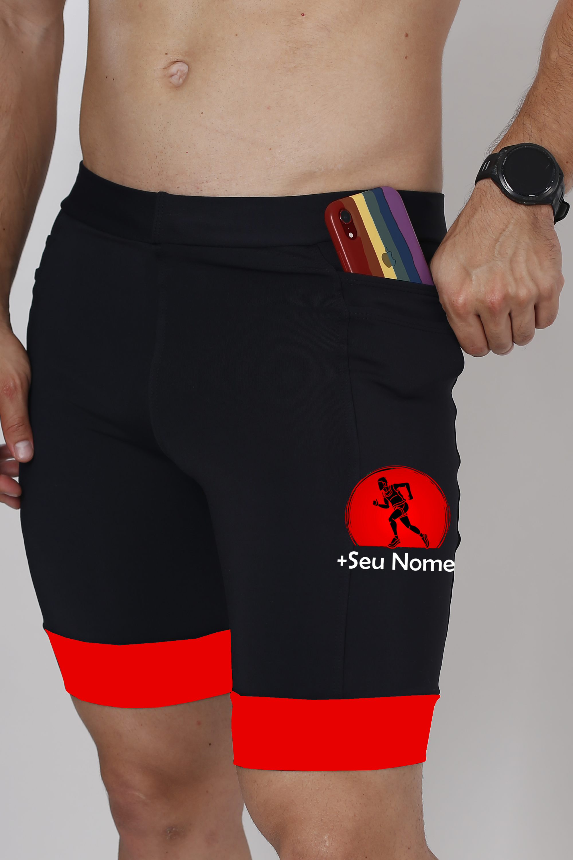Bermuda Masculina Preto/Vermelho Corredor + Seu nome