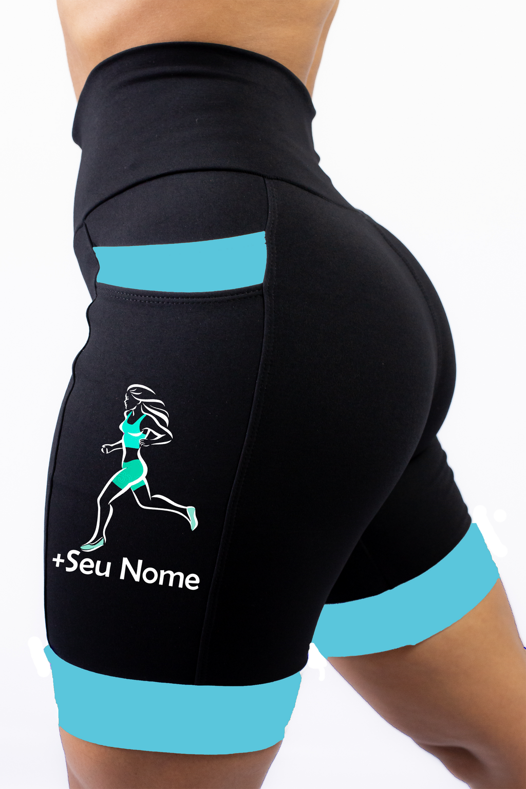 Bermuda Feminina Preto/Azul Turquesa Corredora + Nome
