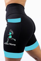 Bermuda Feminina Preto/Azul Turquesa Corredora + Nome