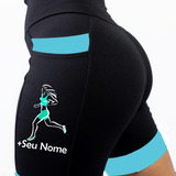 Bermuda Feminina Preto/Azul Turquesa Corredora + Nome