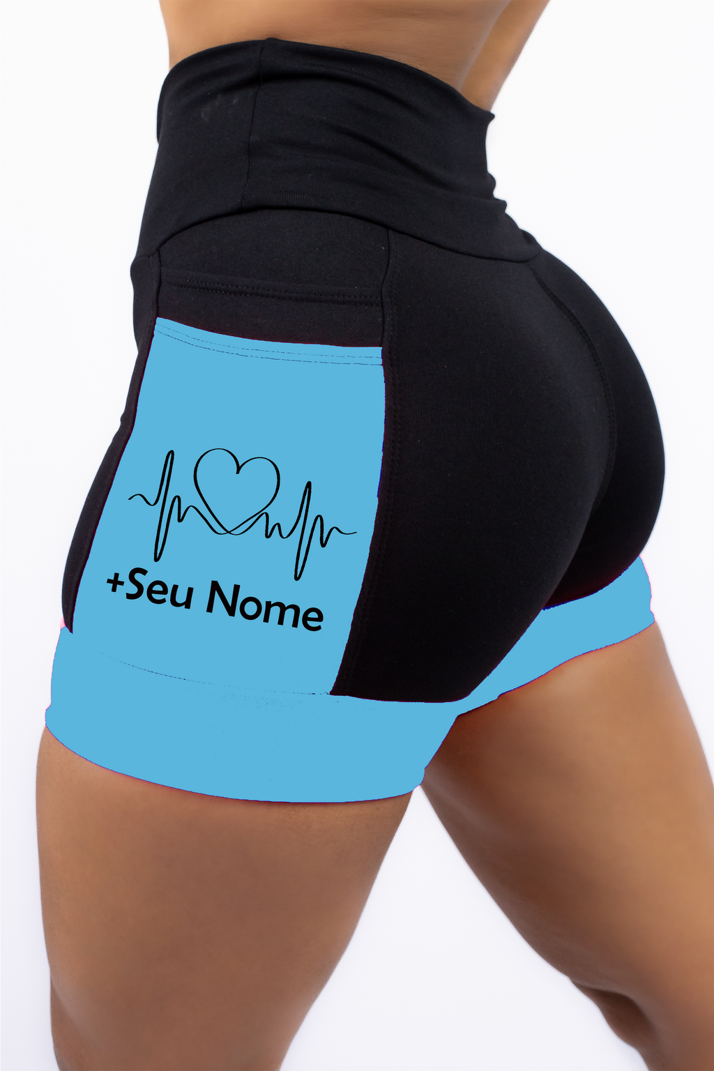 Short Personalizado Batimentos Coração + Nome (Preto/Azul Turquesa)