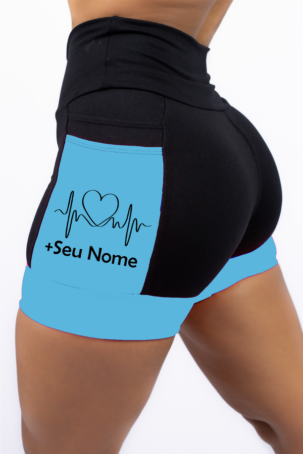 Short Personalizado Batimentos Coração + Nome (Preto/Azul Turquesa)