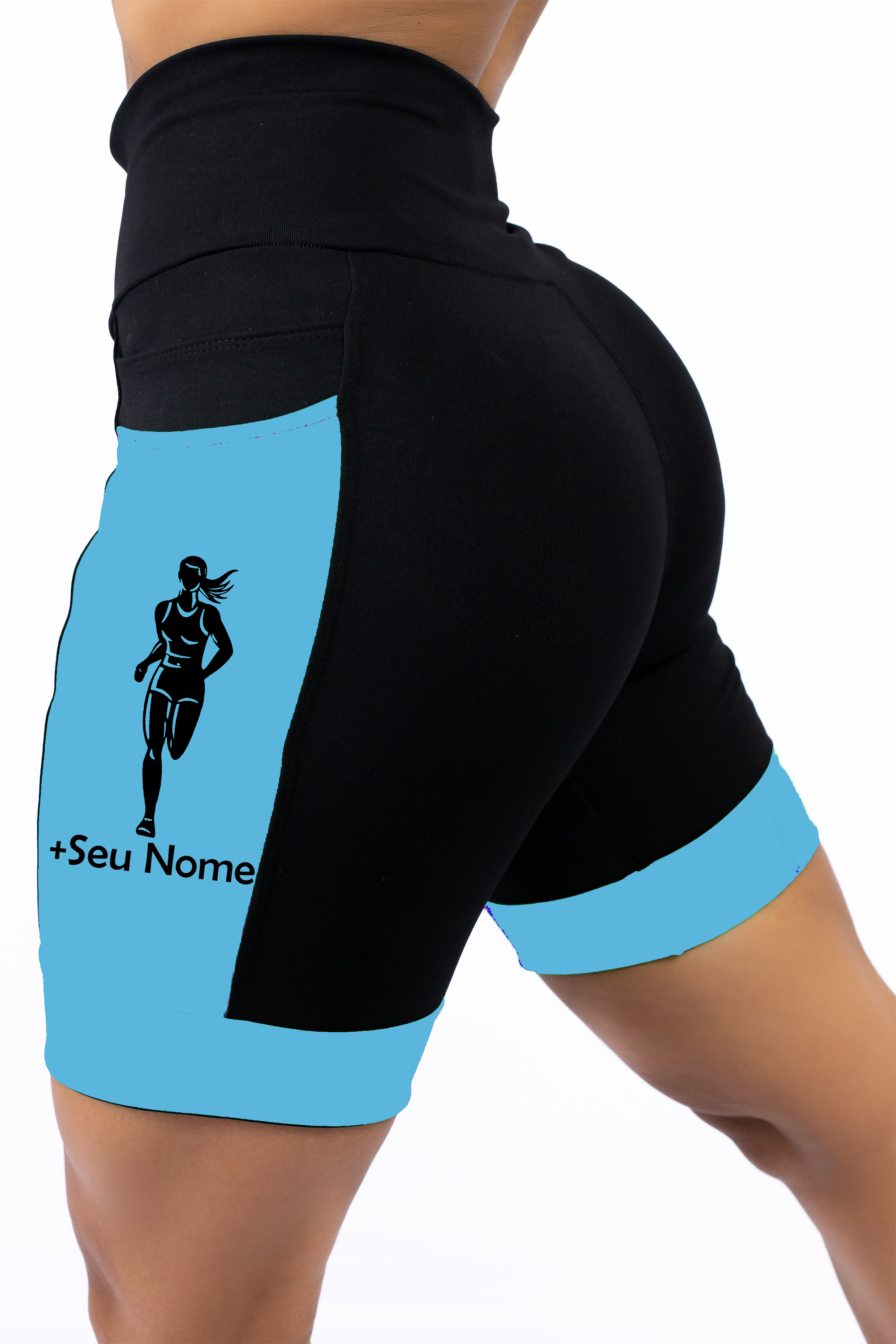 Bermuda Feminina Preto/Azul Turquesa Corredora +Seu Nome