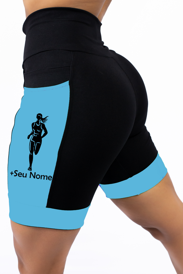 Bermuda Feminina Preto/Azul Turquesa Corredora +Seu Nome