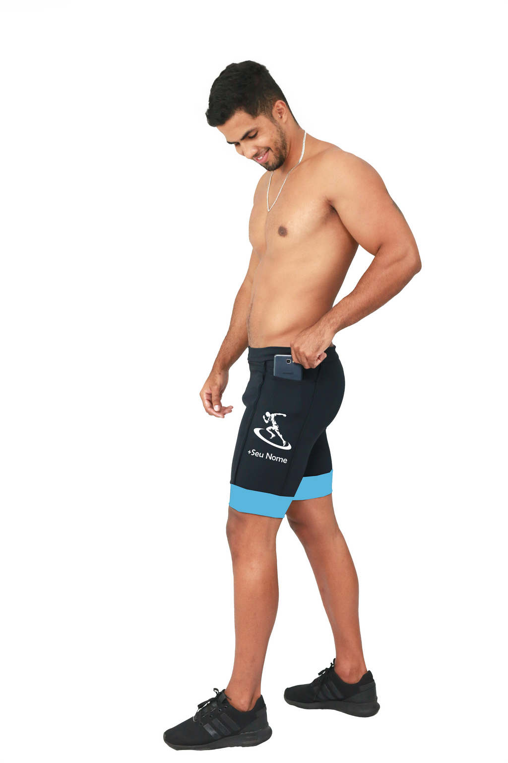 Bermuda Masculina Preto/Azul Turquesa+Seu nome