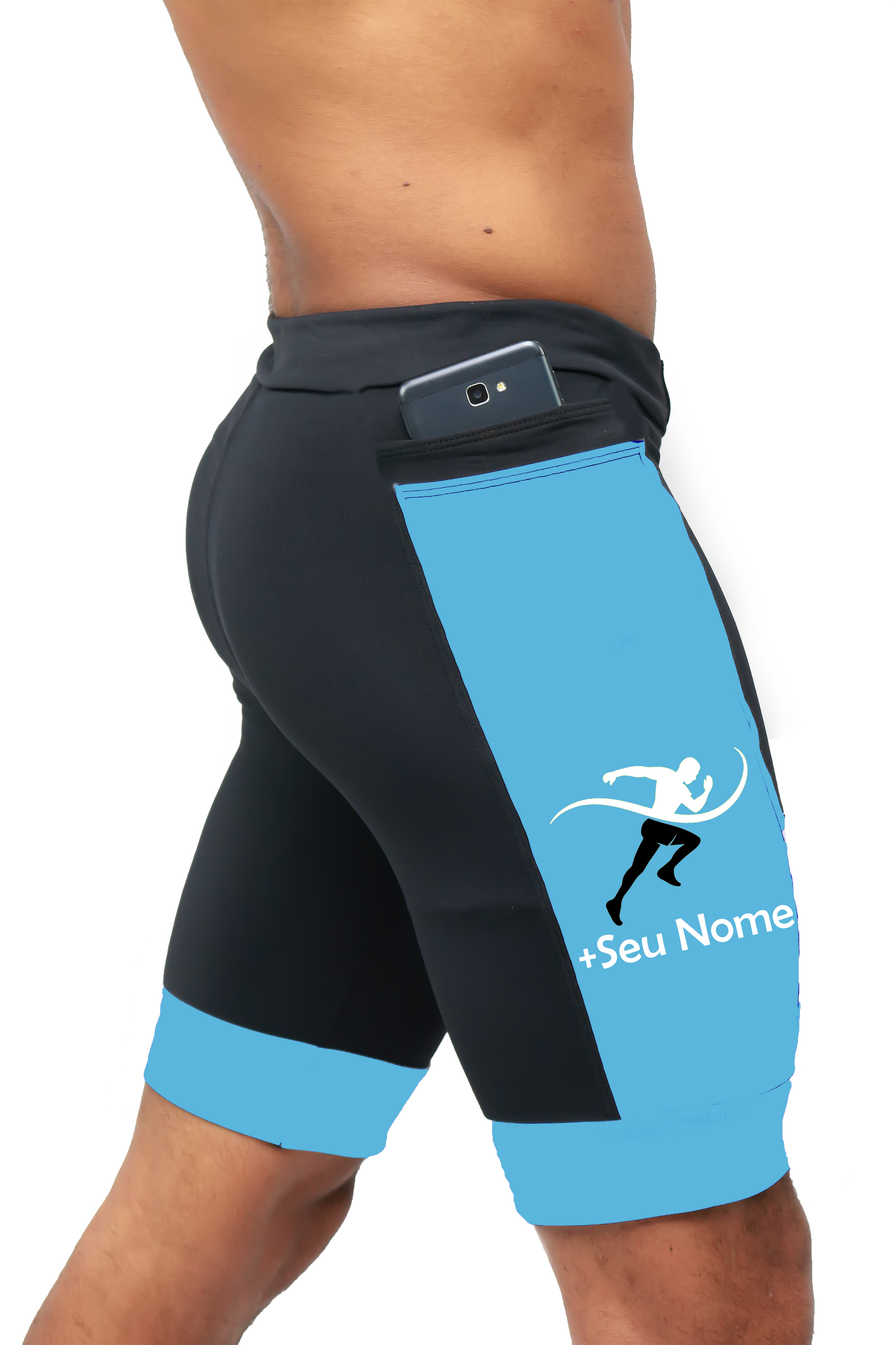 Bermuda Masculina Preto/Azul Turquesa Corredor +Seu nome
