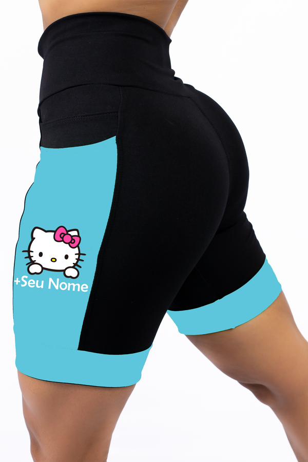 Bermuda Feminina Preto/Azul Turquesa Hello Kitty+Seu Nome