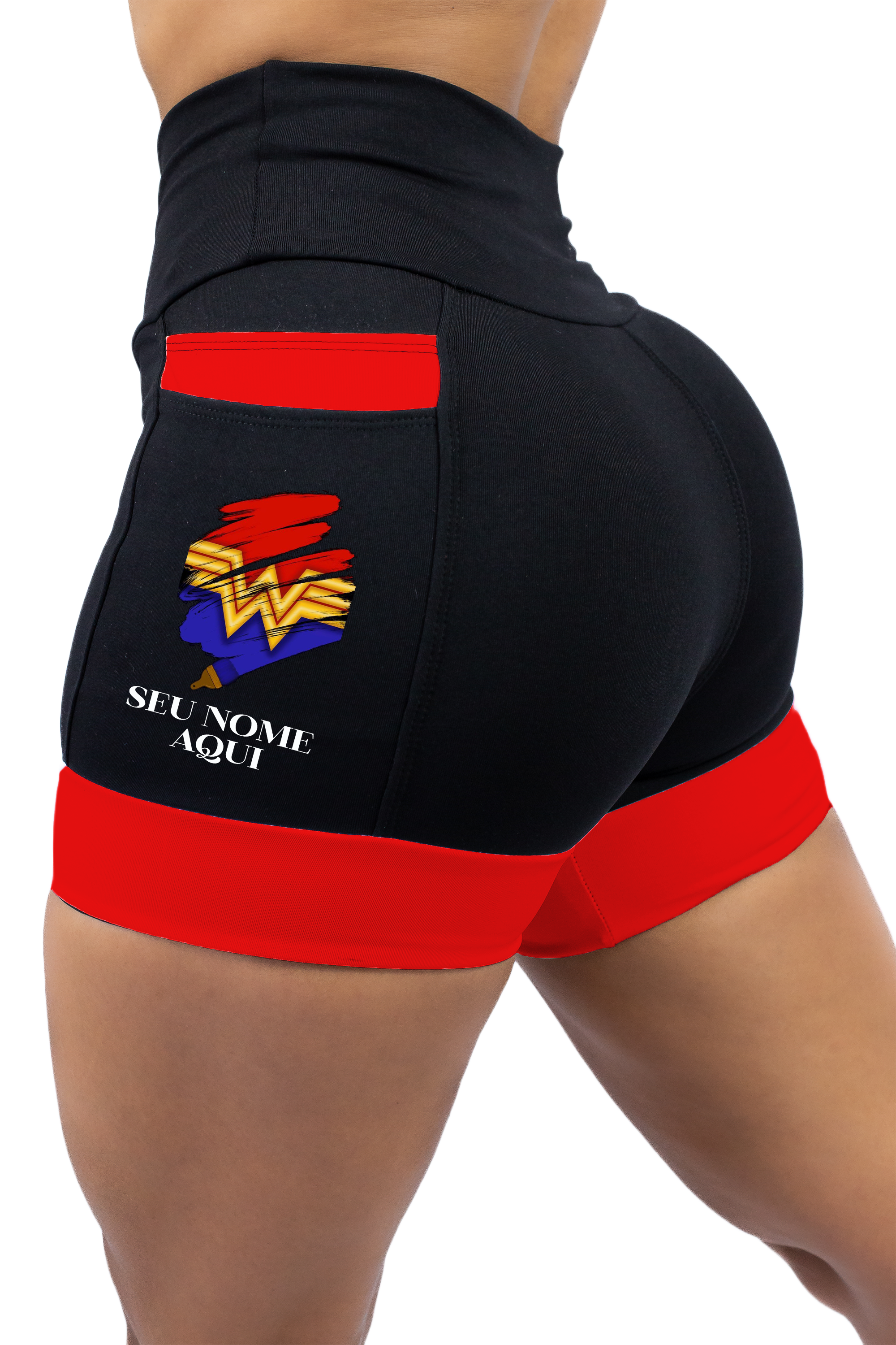 Shorts Mulher Maravilha + Seu nome (punho vermelho)