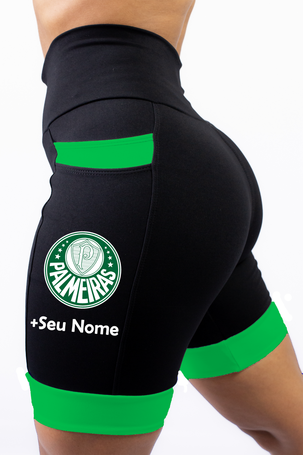 Bermuda Feminina Preta/Verde Palmeiras+Seu nome
