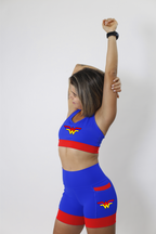 Top Nadador de Compressão Azul e Vermelho Mulher Maravilha