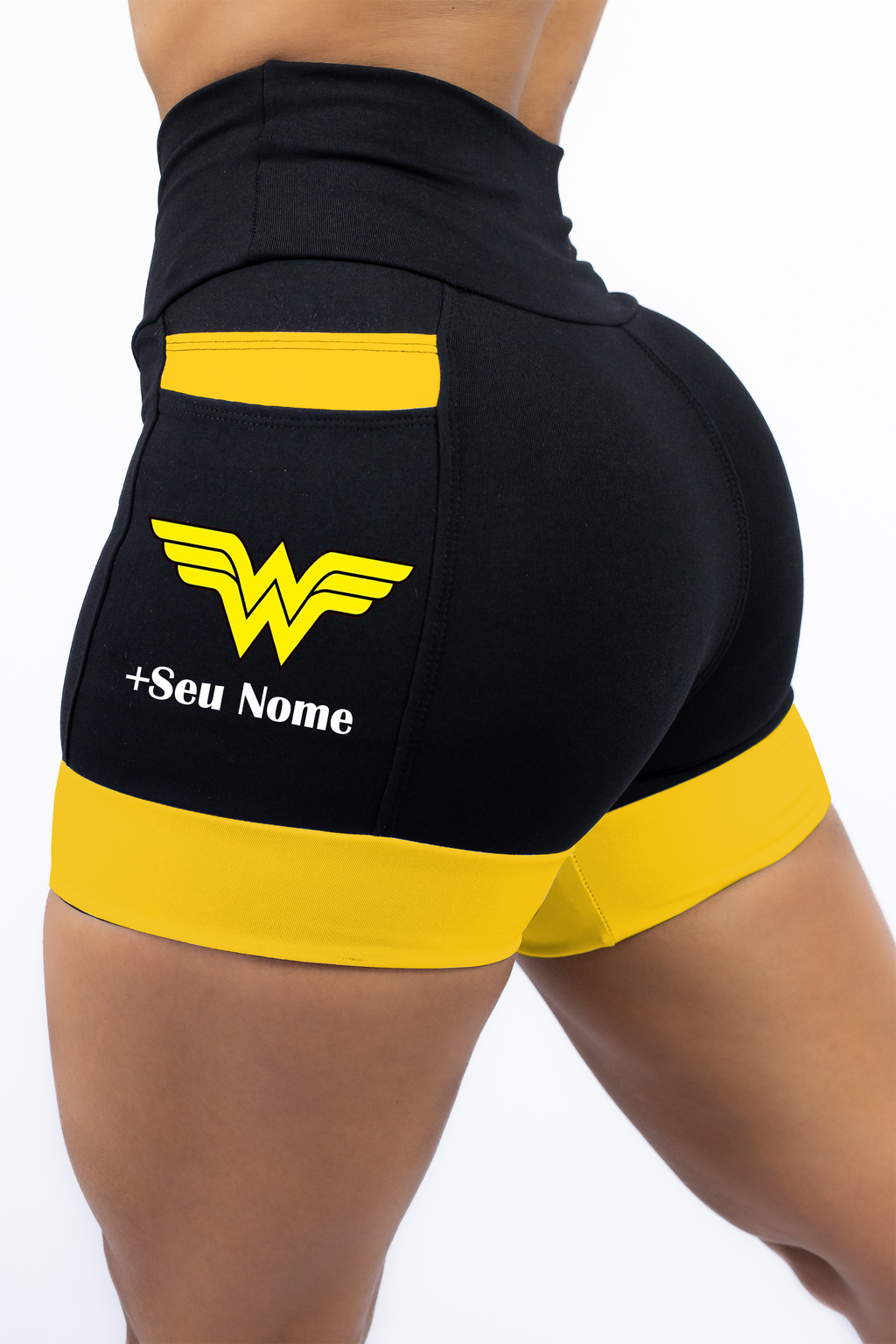 Shorts Mulher Maravilha + Seu nome Preto/Amarelo