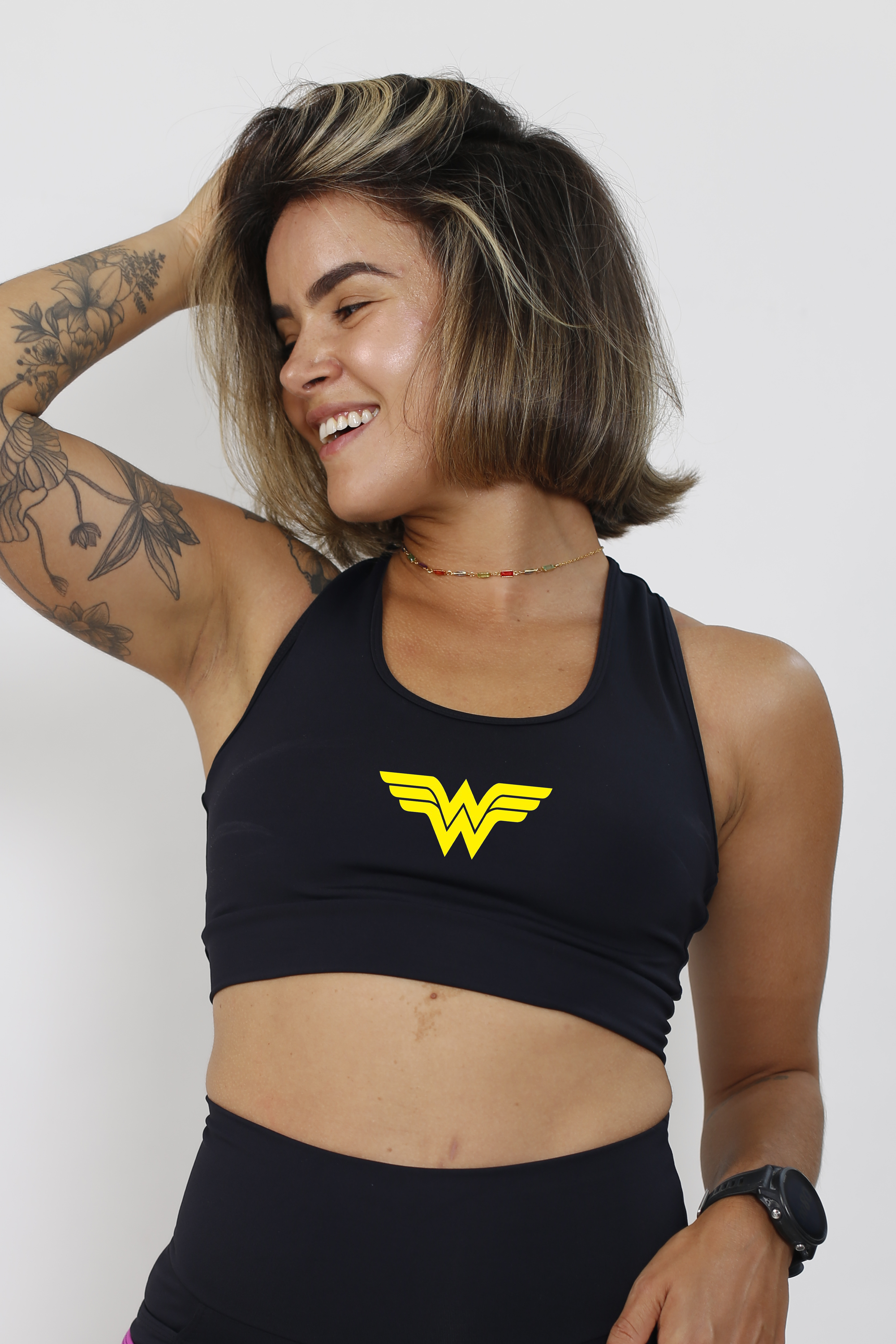 Top Nadador de Compressão Preto Mulher Maravilha