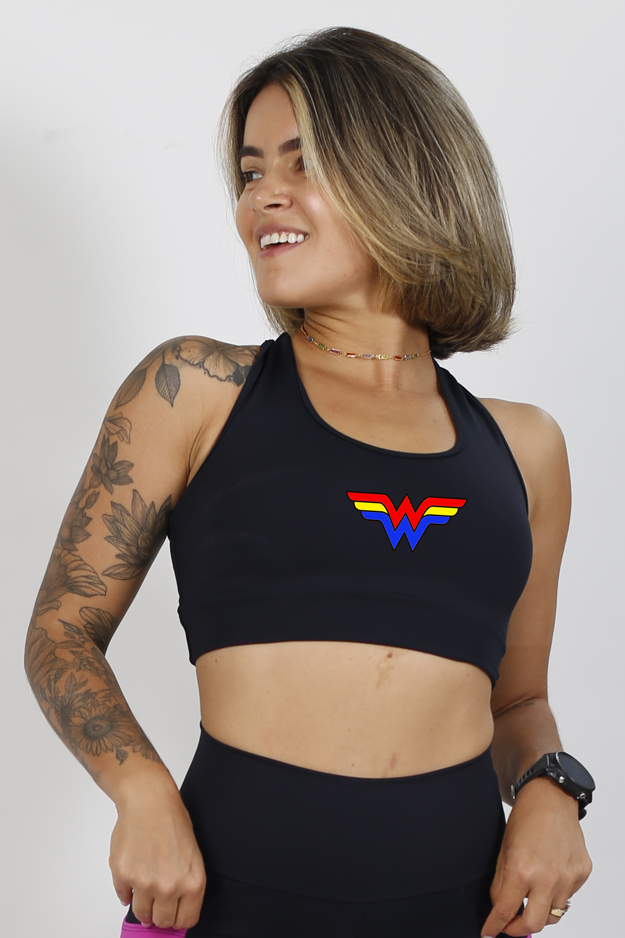 Top Nadador de Compressão Preto Mulher Maravilha