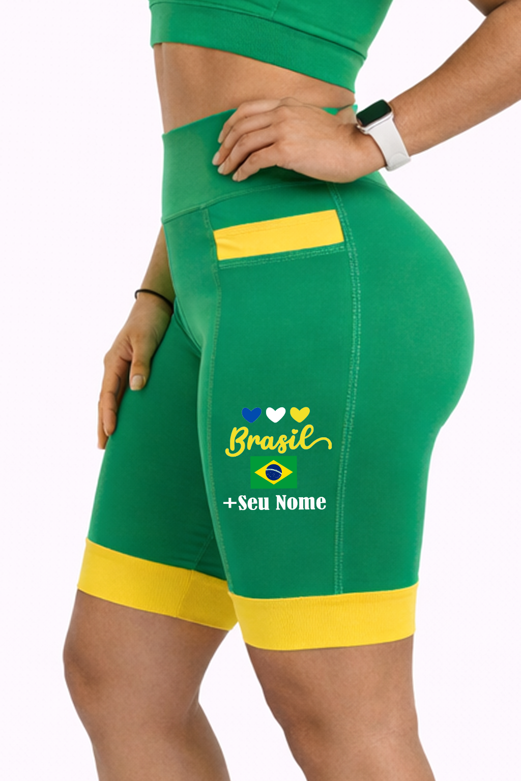 Bermuda Verde/Amarelo Brasil Corações + Nome