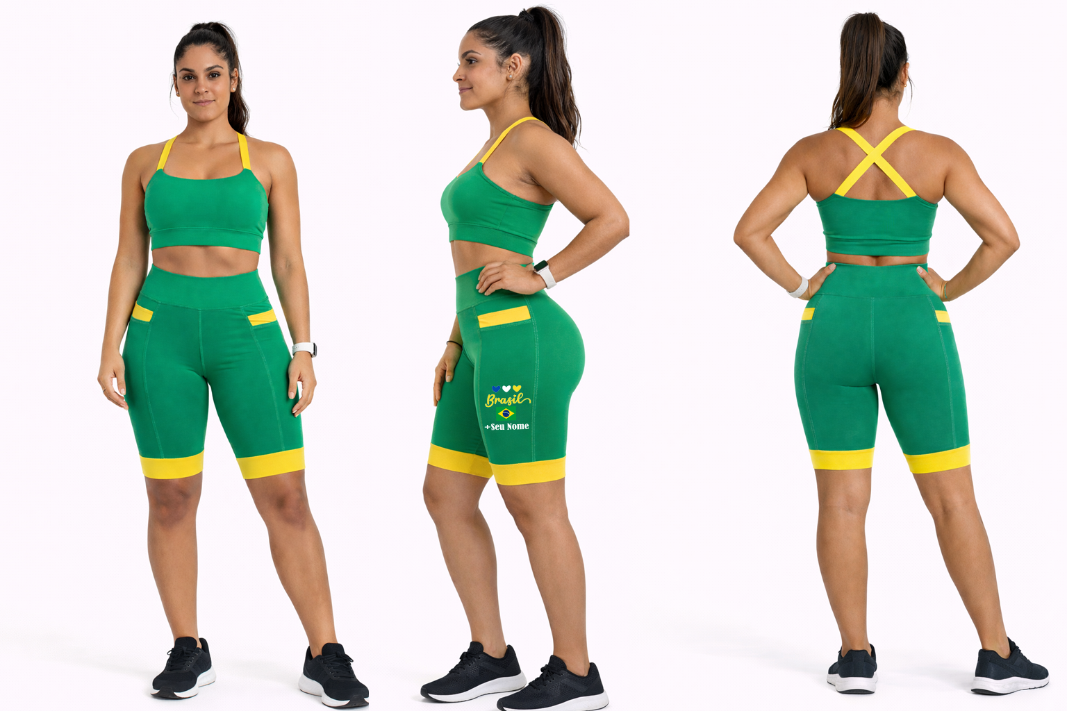 Bermuda Verde/Amarelo Brasil Corações + Nome
