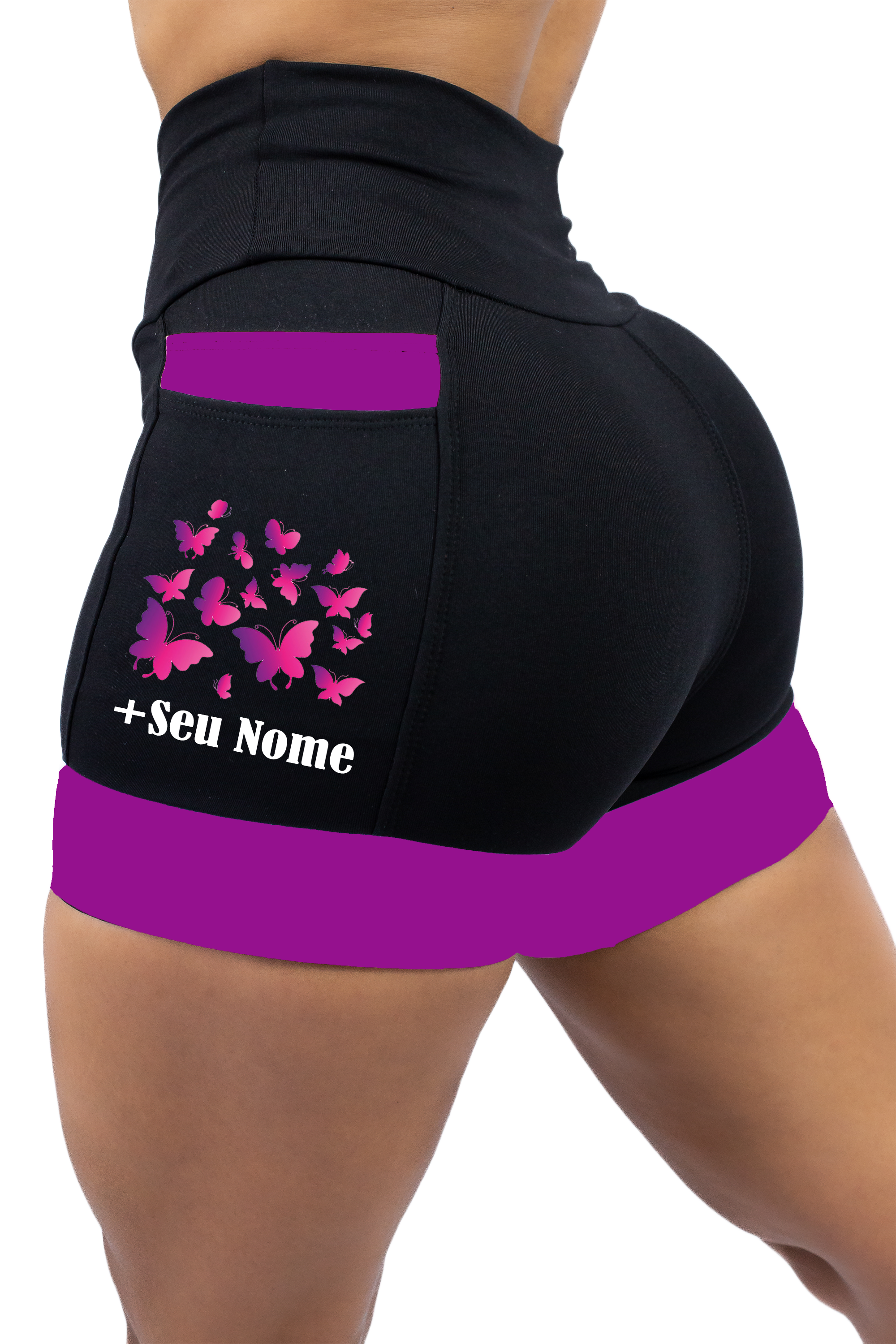 Shorts Preto/Roxo Borboleta + Nome