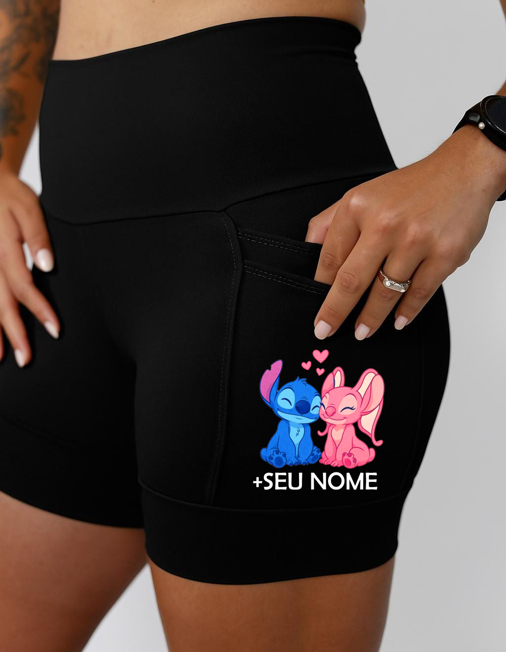 Short Preto Stitch+ Angel + Seu Nome