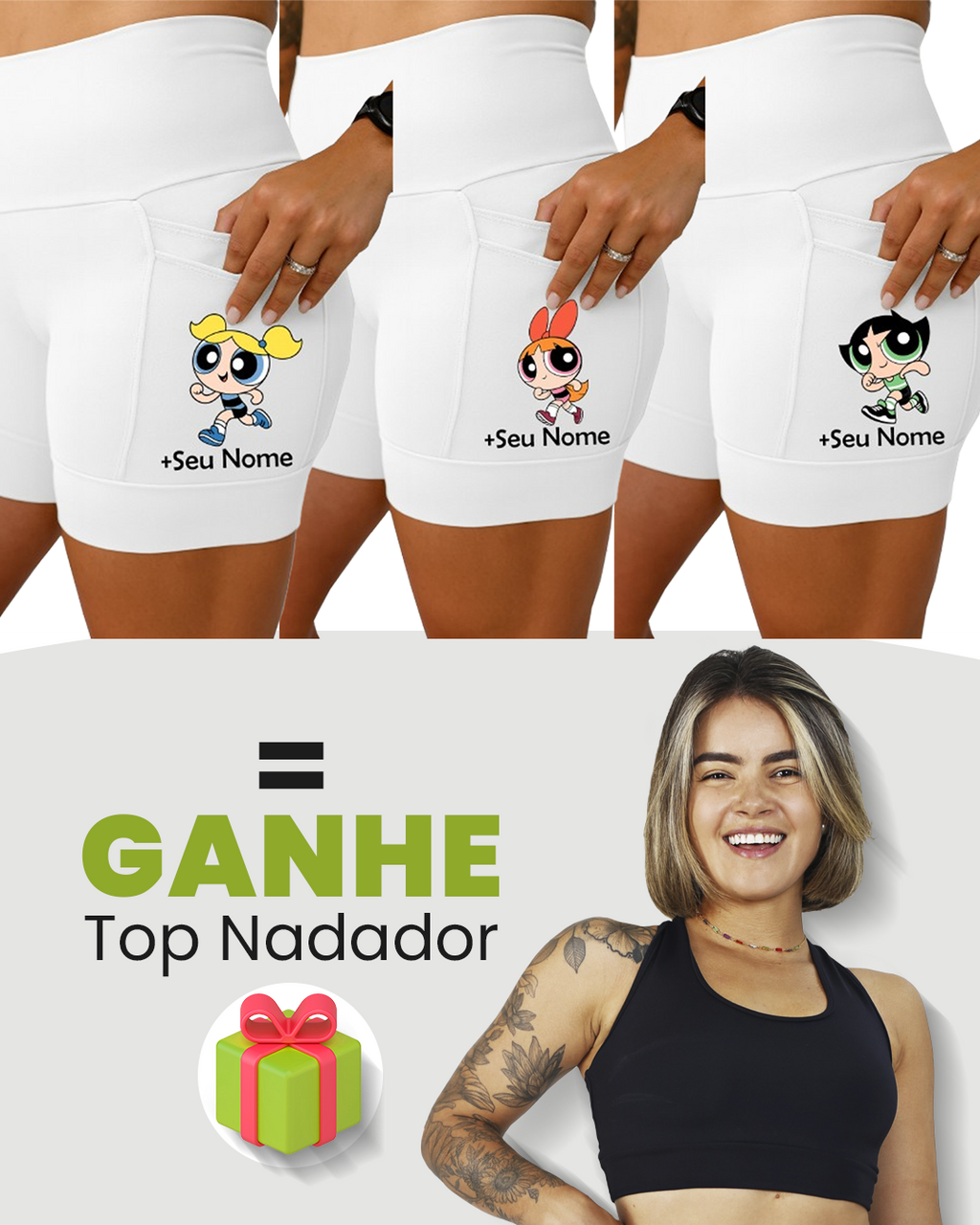 Kit Short Branco Super Poderosa Corredora + Top