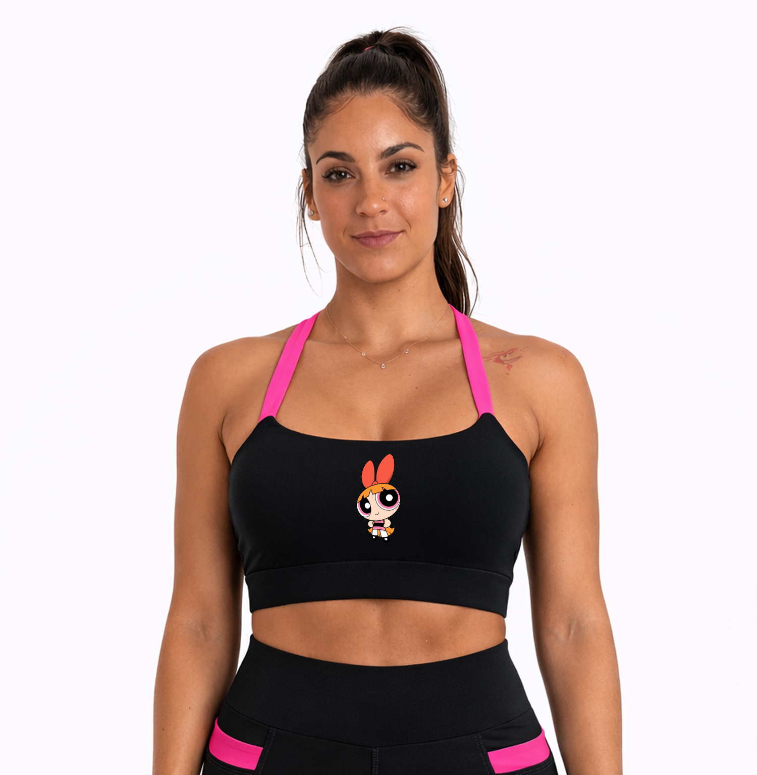 Top Fitness Preto/Rosa Florzinha