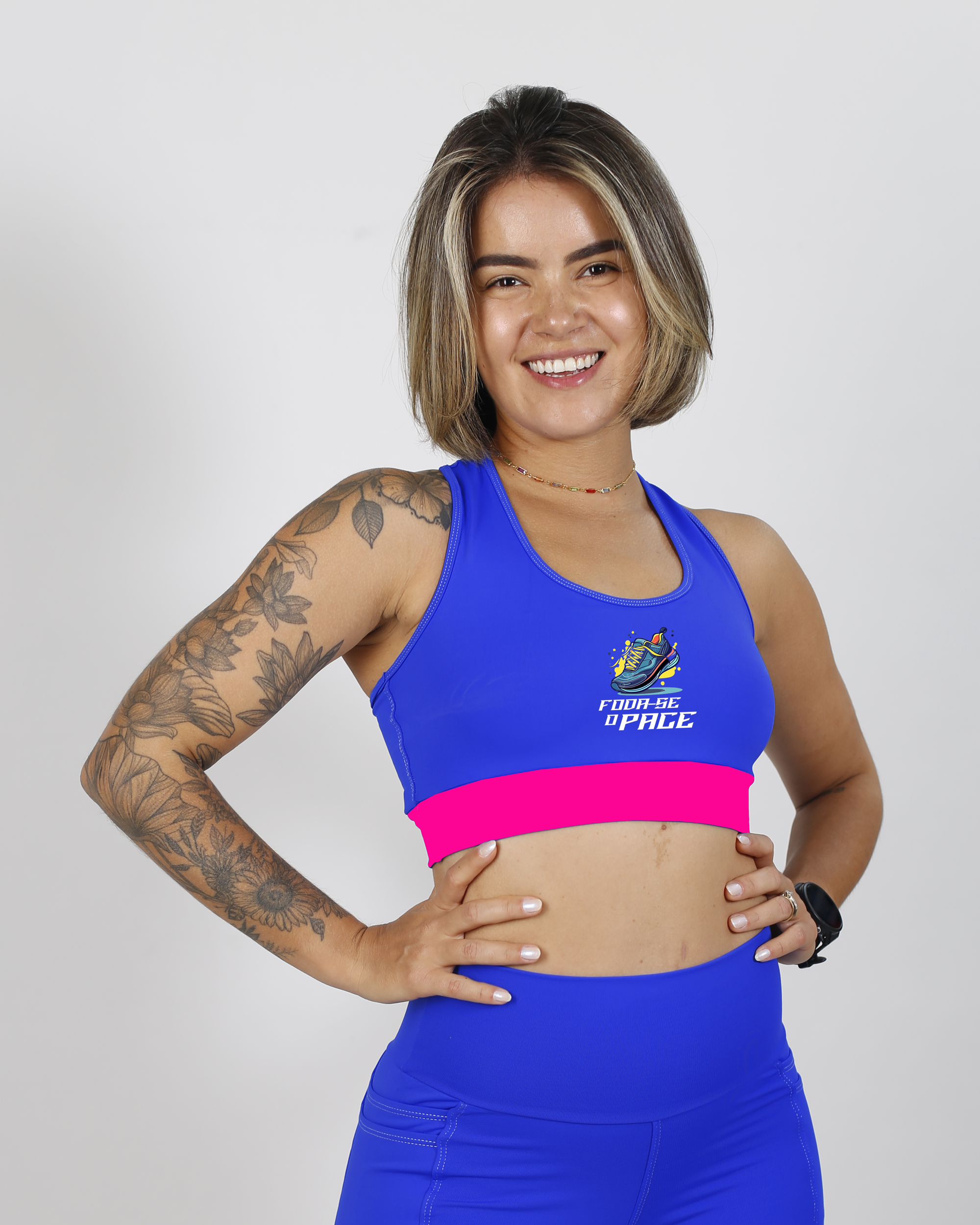 Top Nadador de Compressão Azul e Rosa Foda-se o Pace