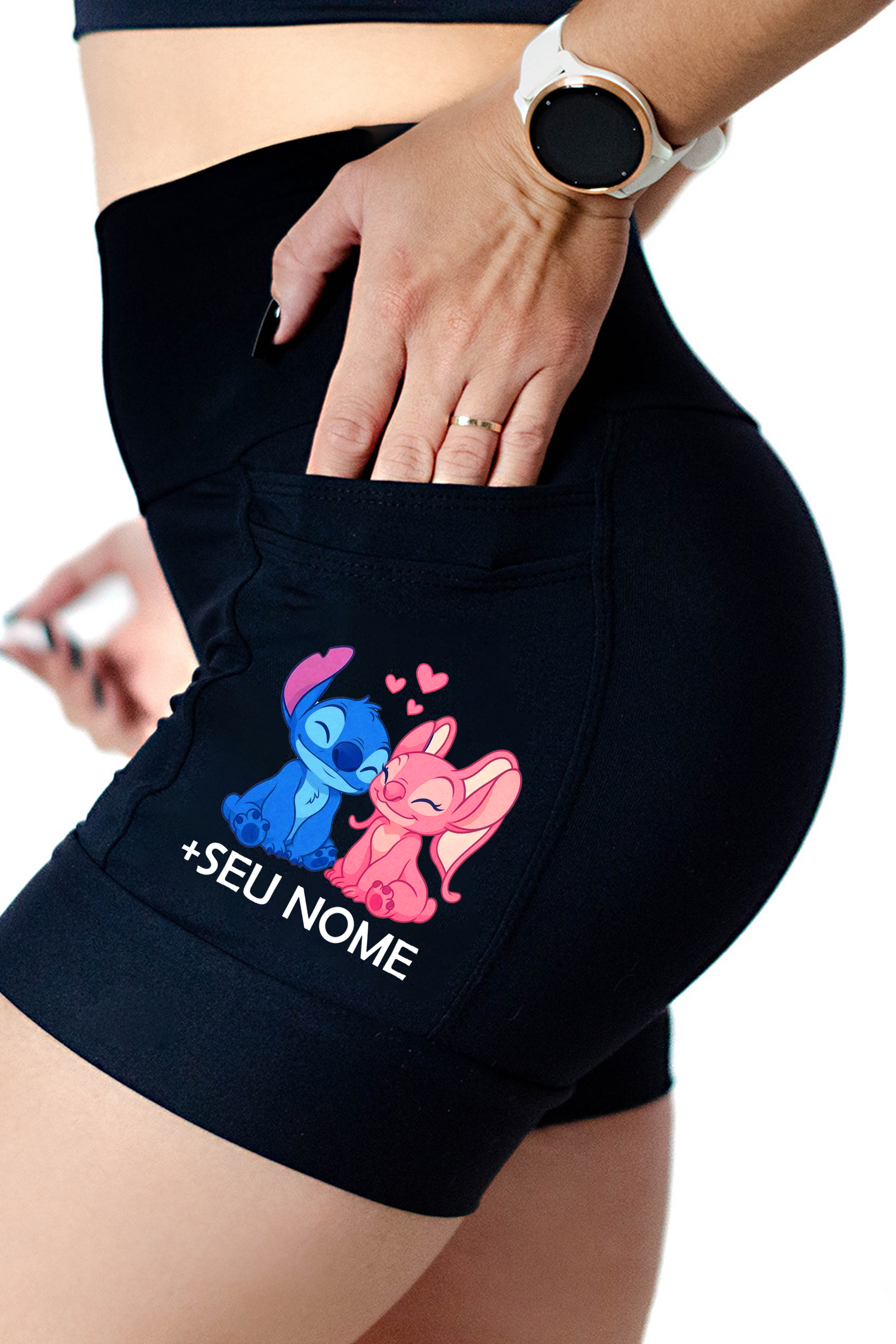Short Preto Stitch+ Angel + Seu Nome
