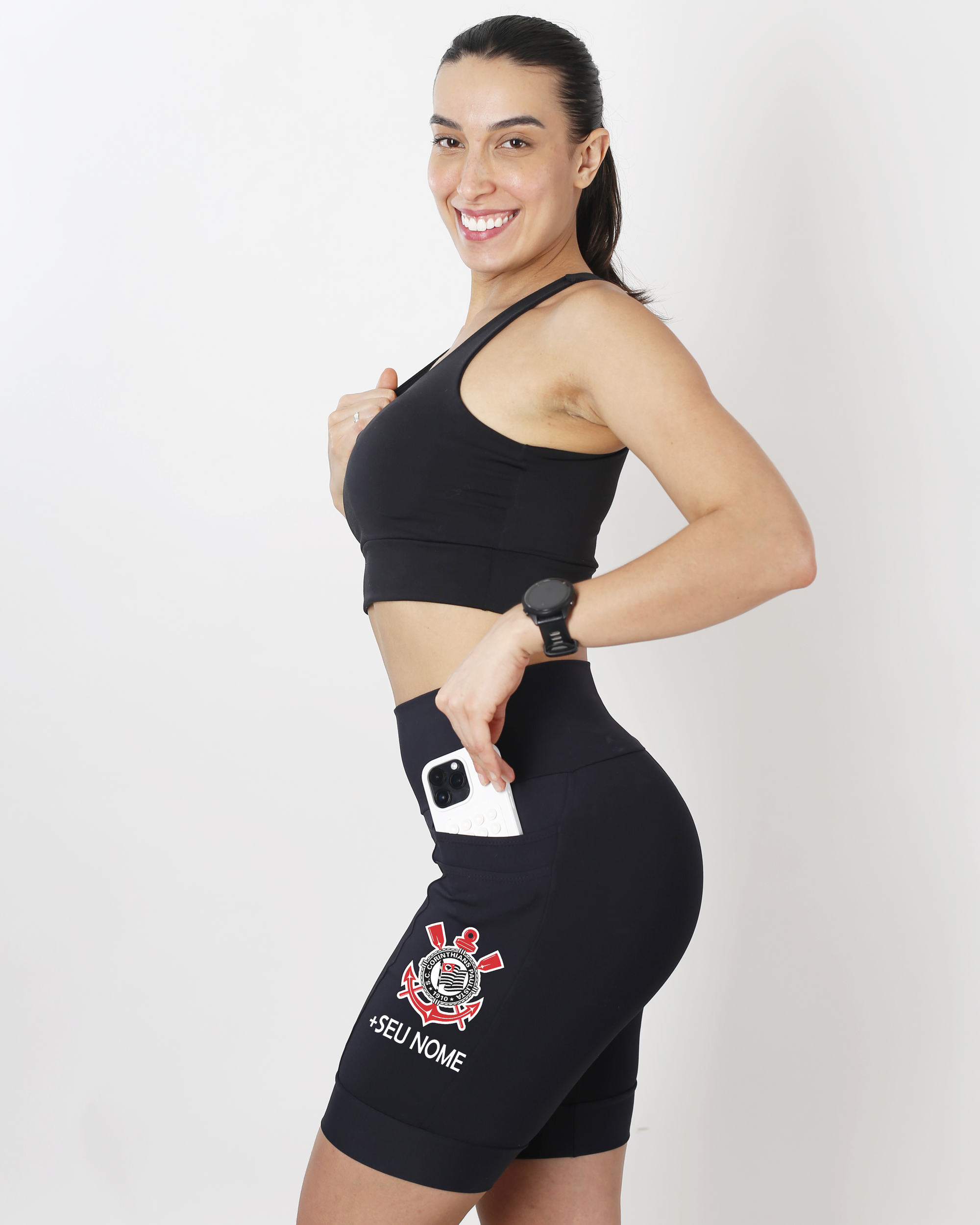Bermuda Feminina Preta Corinthians +Seu nome