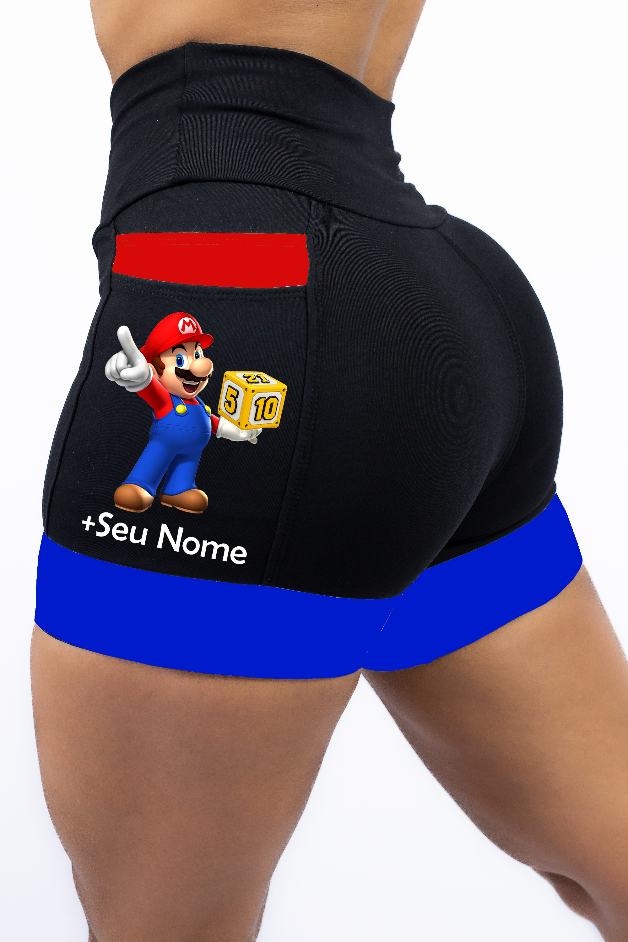 Short Preto/Azul/Vermelho Super Mario+Seu Nome