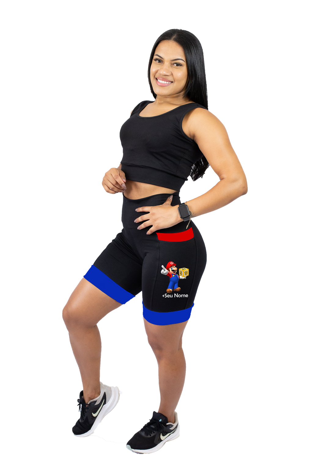 Bermuda Feminina Preta/Vermelho/Azul + Seu Nome