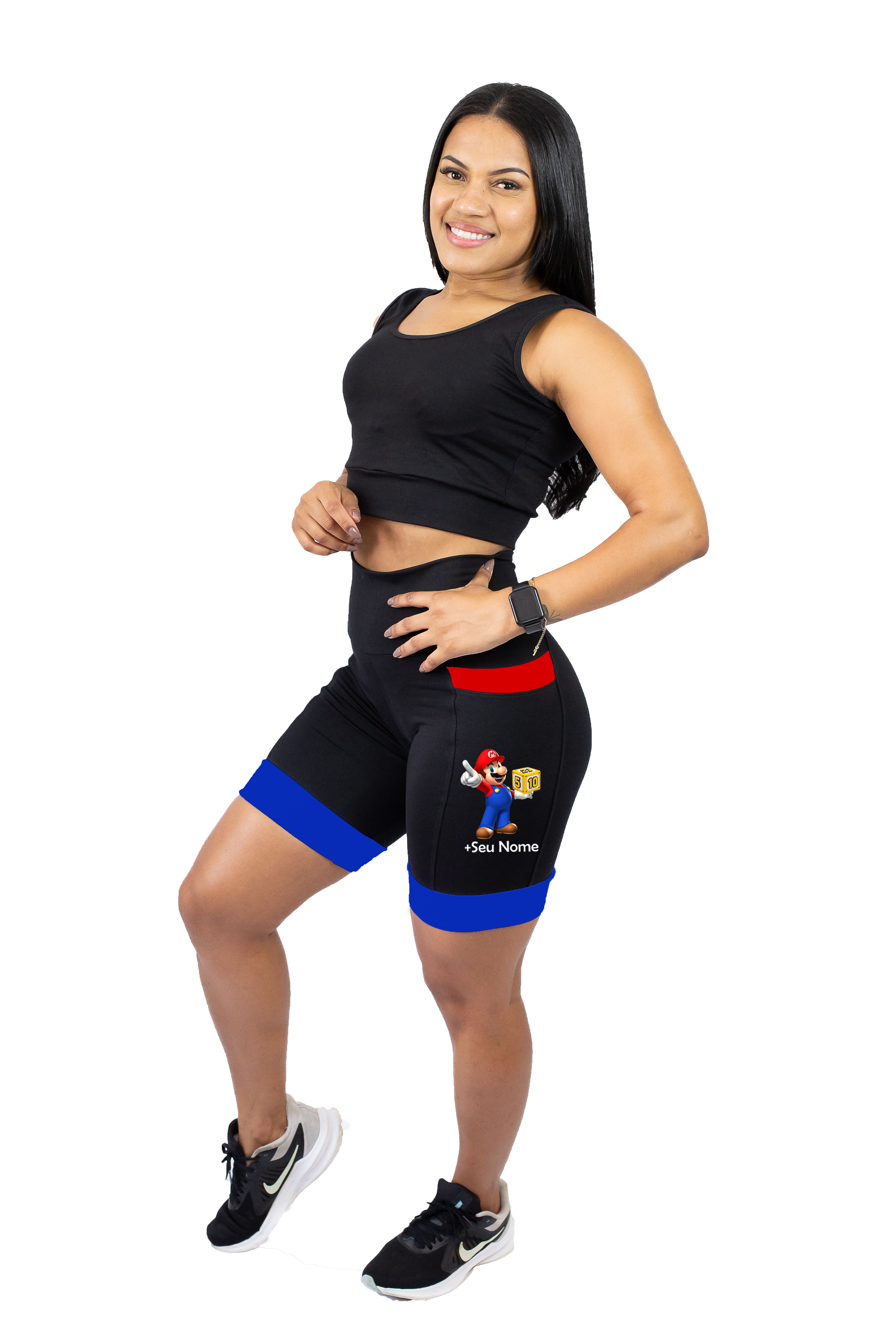 Bermuda Feminina Preta/Vermelho/Azul + Seu Nome