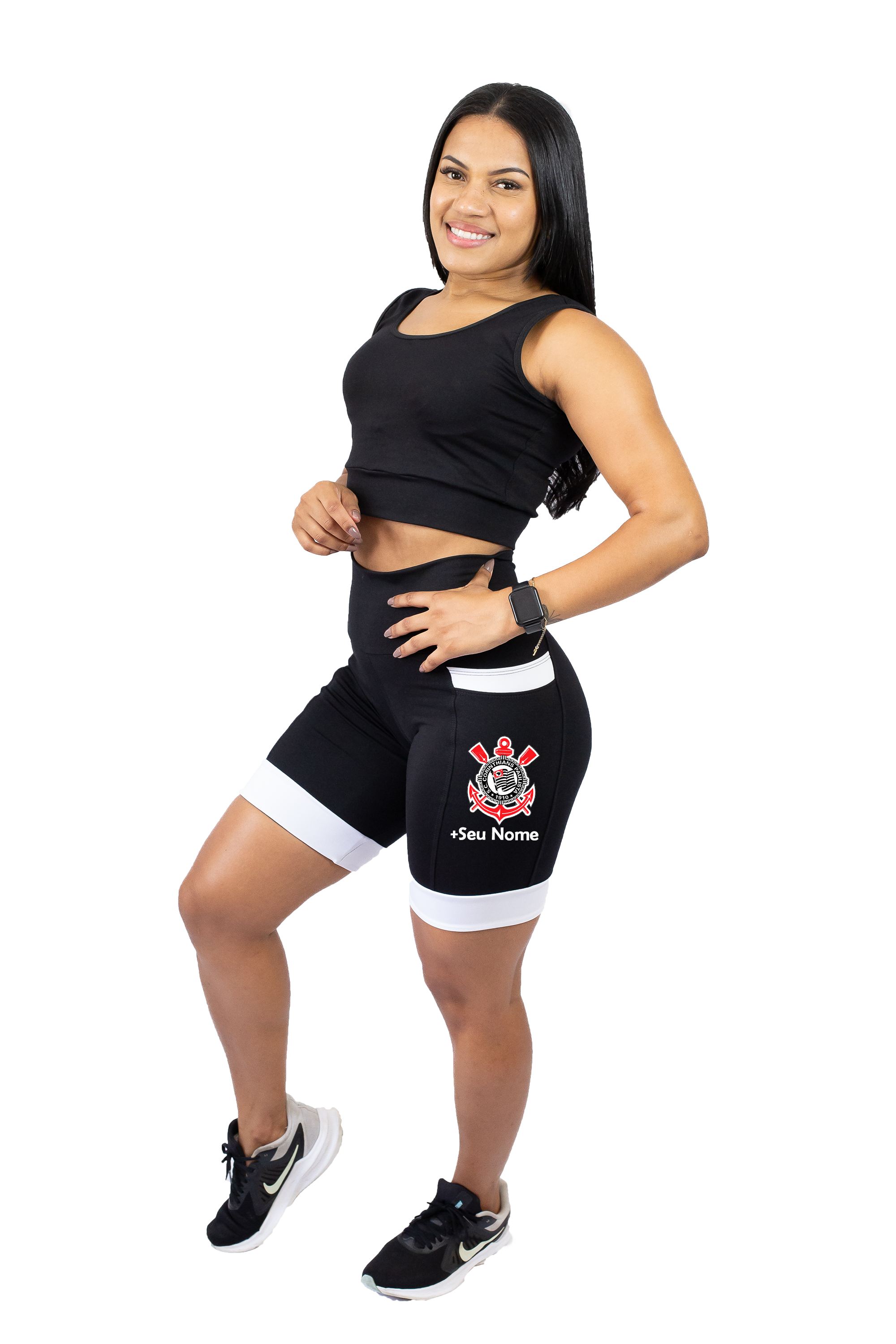 Bermuda Feminina Preta/Branco Corinthians +Seu nome