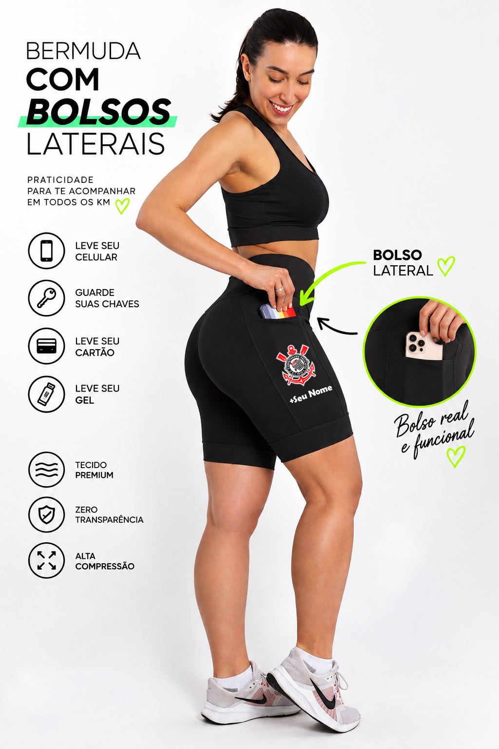 Bermuda Feminina Preta Corinthians +Seu nome
